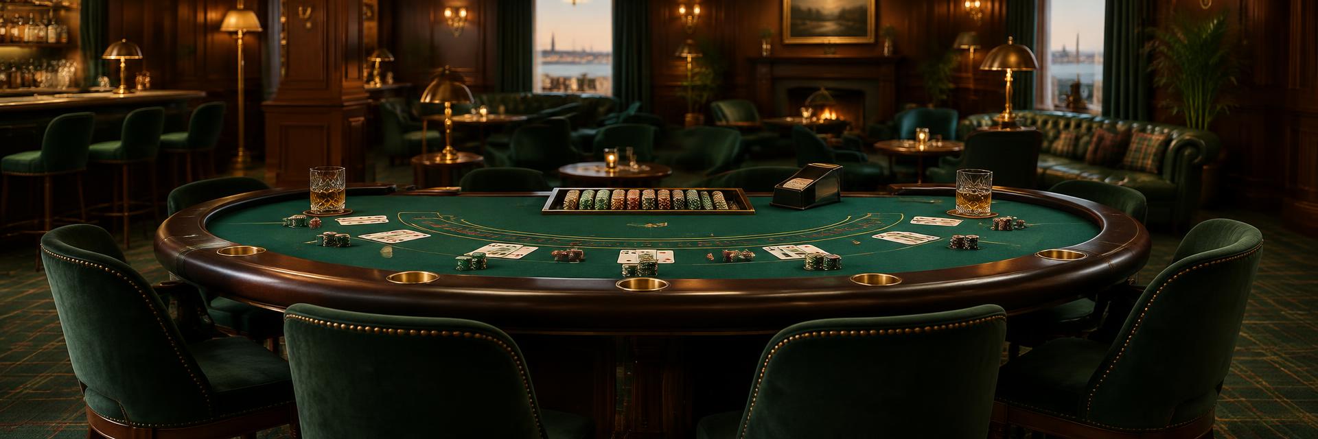 Full green blackjack table with playing cards and whiskey glasses in an Irish lounge