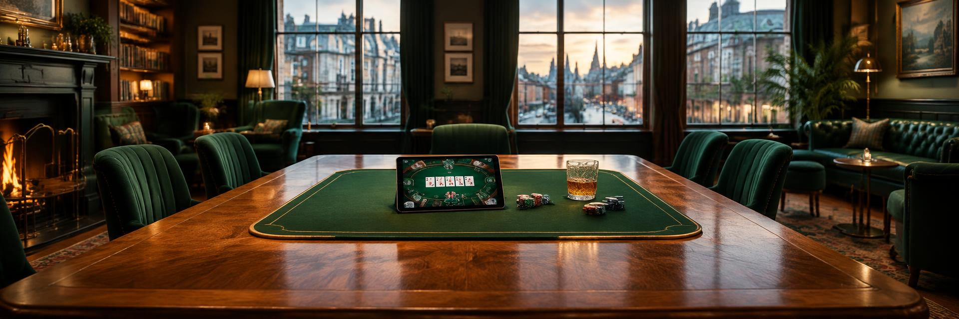Tablet casino game on a broad lounge table with whiskey and an Irish city view
