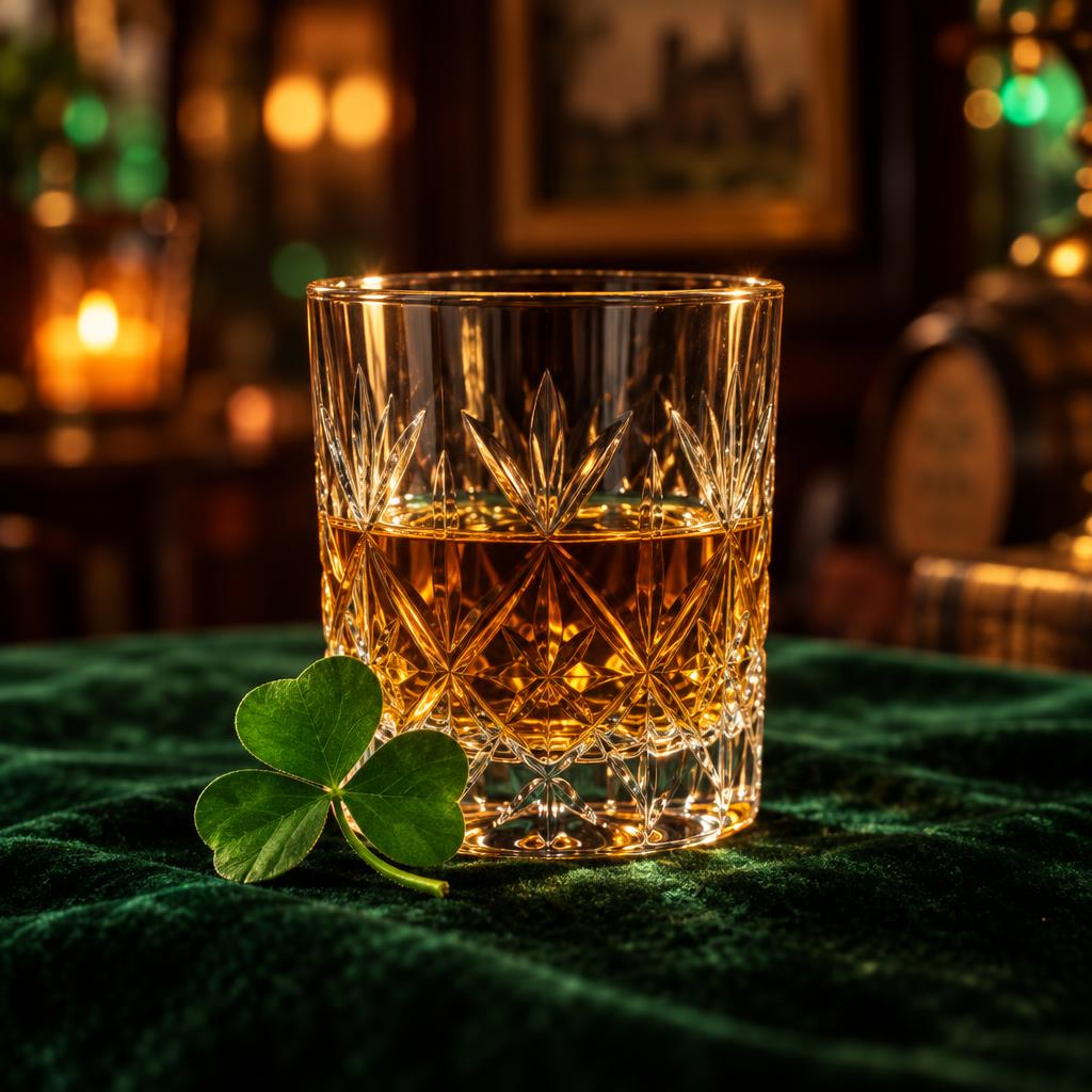 Whiskey glass with a fresh shamrock on a green casino table