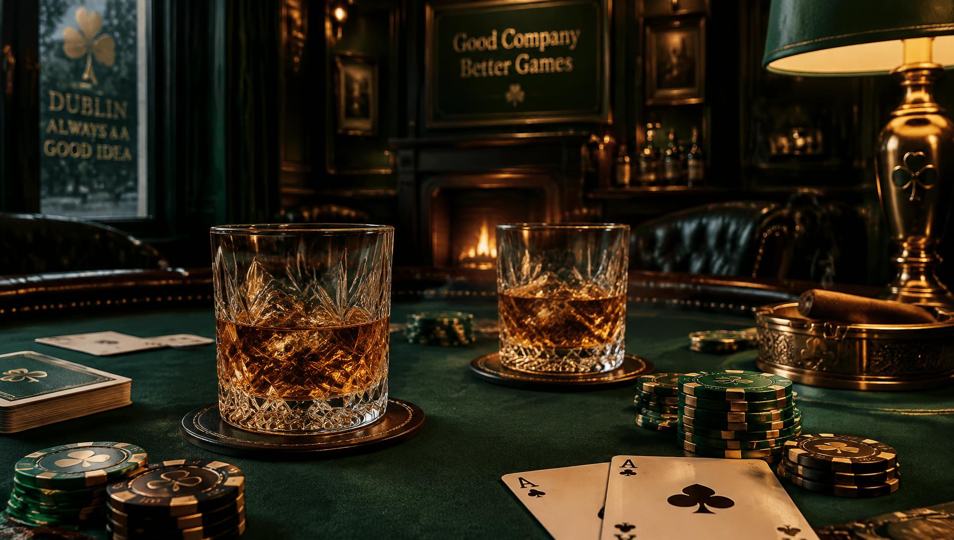 Whiskey glasses and poker chips on a green casino table