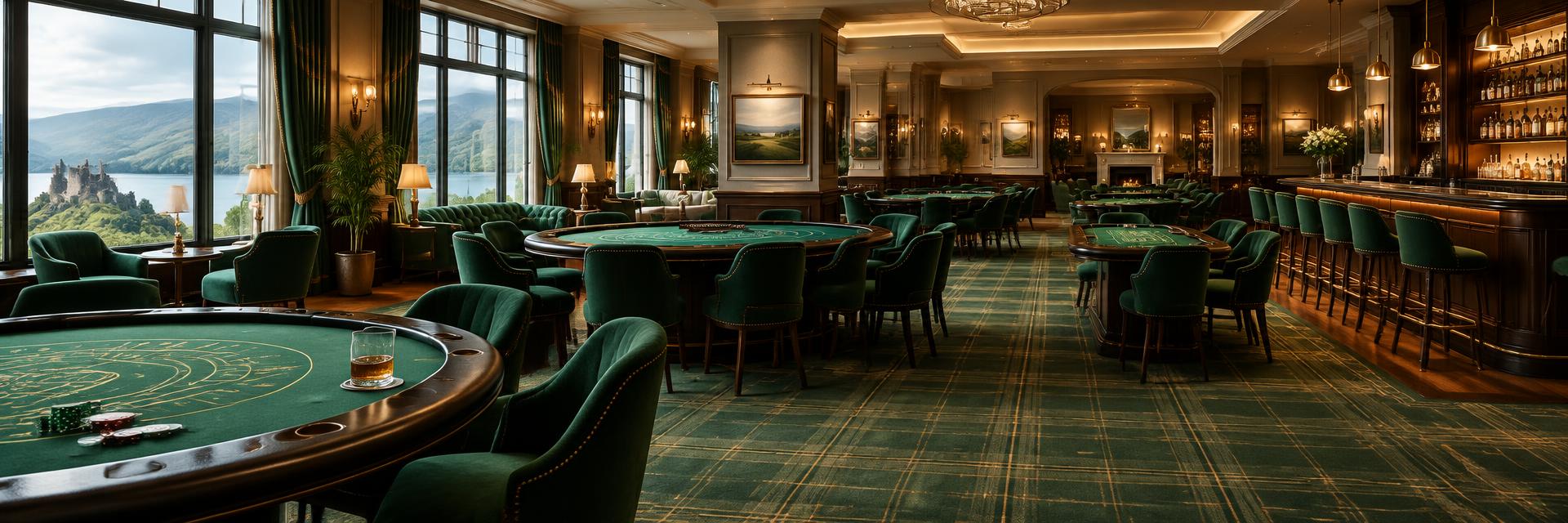 Wide view of an Irish casino lounge with green gaming tables and a whiskey bar