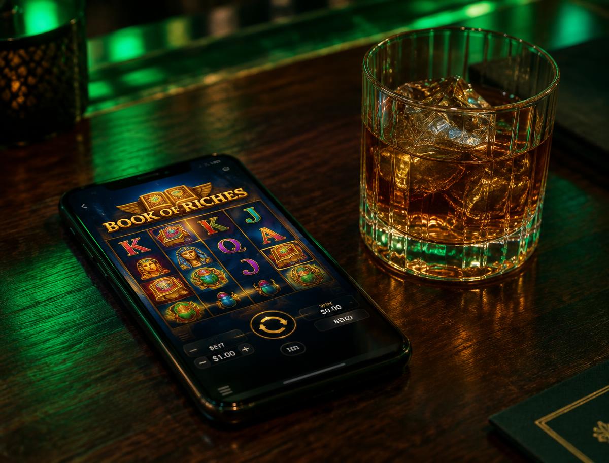 Smartphone with a slot game next to a whiskey tumbler