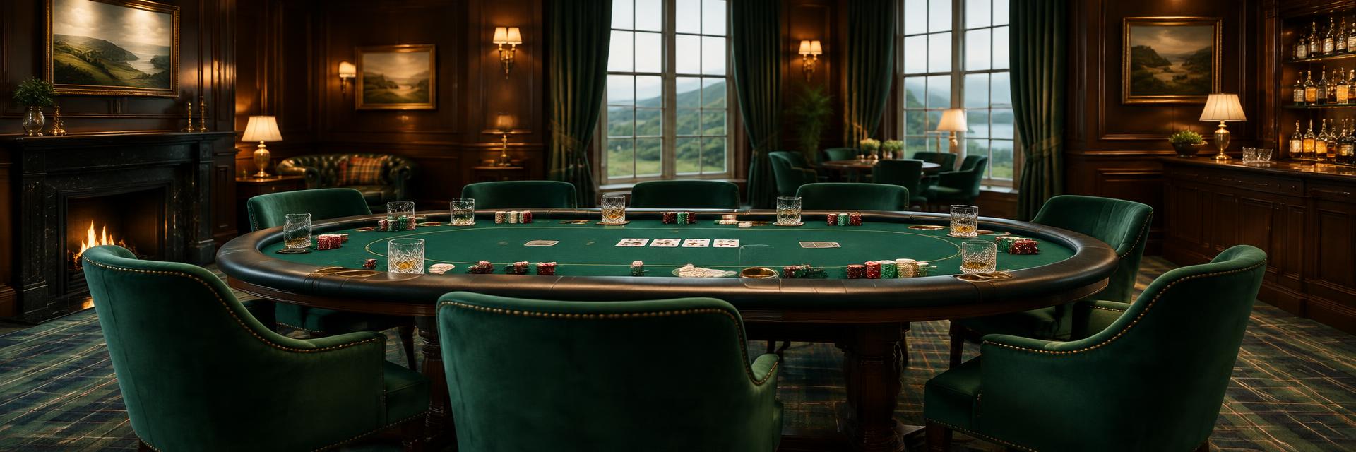 Wide perspective of a green poker table and emerald chairs in an Irish casino room