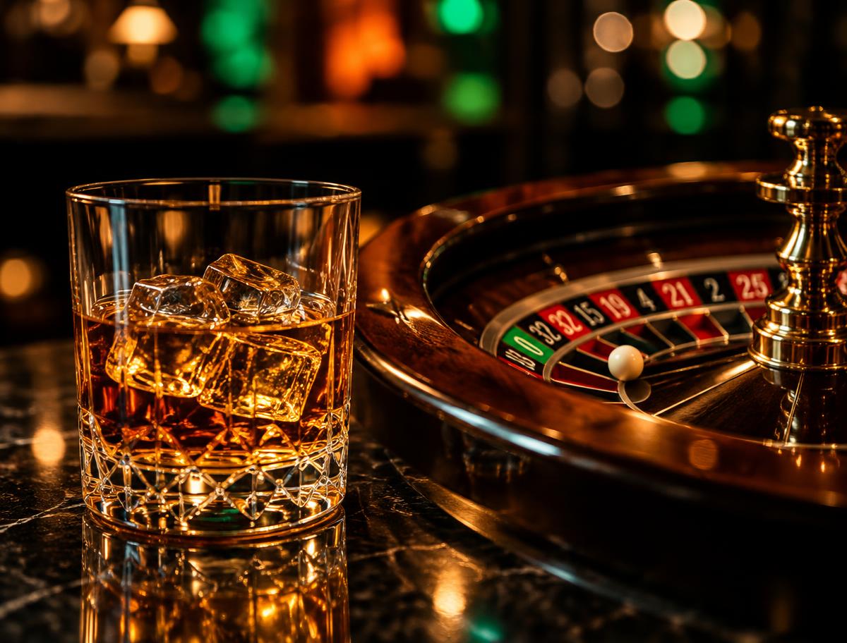 Glass of Irish whiskey beside a roulette wheel